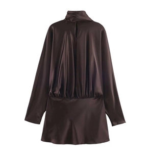 Detail view of dark coffee satin mini dress with high neck and back cutout design