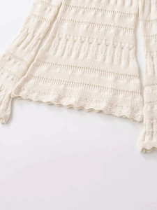 Close-up of white knitted sweater showing intricate cutout patterns and wavy hemline