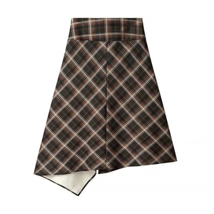 Jupe trapèze rétro à carreaux marron avec ourlet asymétrique et doublure blanche