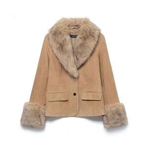 Veste en Suède pour Femme avec Bordure en Fausse Fourrure Col en Fourrure Amovible Revers Bouton Manteau Court Hiver Chaud Kaki