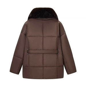 Detail view of winter parka back with large faux fur collar and quilted texture