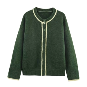 Women Vintage Dark Green Knit Cardigan Contrast Trim Round Neck Long Sleeve Button Up Soft Sweater For Autumn Daily Wear