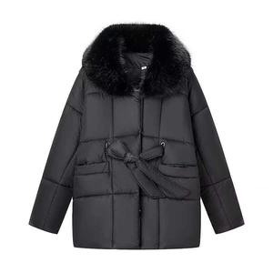 Women's winter black padded coat with large faux fur collar and belted waist detail