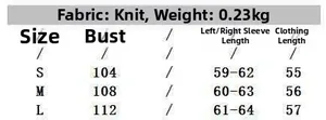 Size guide for off-shoulder knitted sweater with bust and sleeve length details