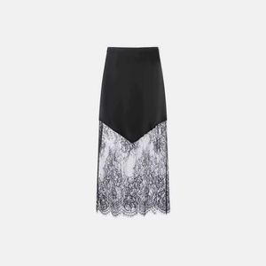 Elegant black satin midi skirt with delicate floral lace patchwork and V-cut seam design