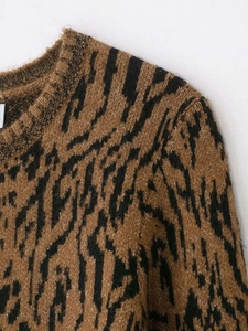 Detail of the animal jacquard knit sweater featuring a ribbed crew neck and thick texture