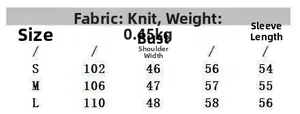 Detailed size chart for the color-block long sleeve knit sweater in sizes S, M, and L