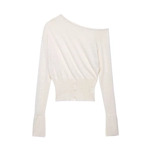 Chic off-shoulder cream knit sweater with ribbed waist and decorative buttons