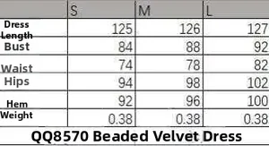 Detailed size chart for the burgundy velvet dress with beaded trim, sizes S to L