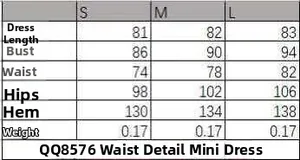 Size chart for burgundy satin V-neck mini dress with bust, waist and hip measurements