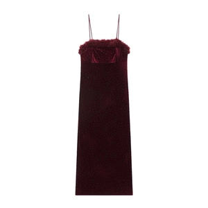 Women Wine Red Velvet Cami Dress With Faux Fur Trim Rhinestone Sequin Elegant Spaghetti Strap Midi Party Dress