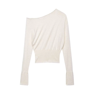 Detail of off-white one-shoulder knit top with rows of buttons on sleeves