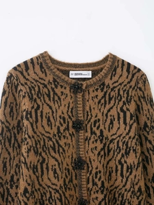 Close-up of animal jacquard knit cardigan with flower buttons and brand neck label