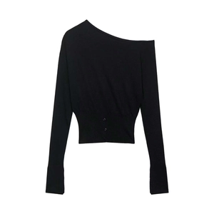 Chic black off-shoulder knit top with button waist detail and ribbed fitted design