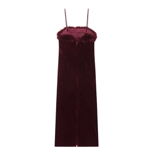 Elegant burgundy velvet maxi camisole dress with faux fur trim and glitter sequins