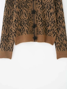 Detail of leopard print knit cardigan with decorative floral black beaded buttons