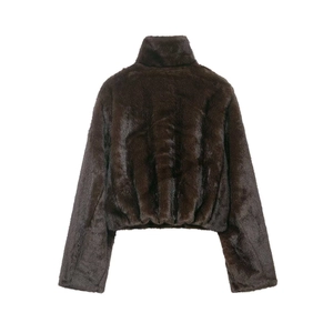 Short brown faux fur jacket with high collar and plush texture for winter fashion