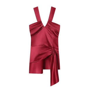 Women Elegant Burgundy Satin Midi Dress Deep V Neck Asymmetrical Knot Sleeveless Bodycon Party Evening Dress