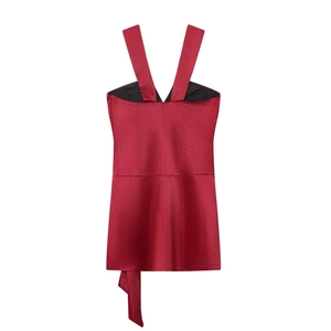 Elegant burgundy satin V-neck dress with wide straps and smooth glossy finish