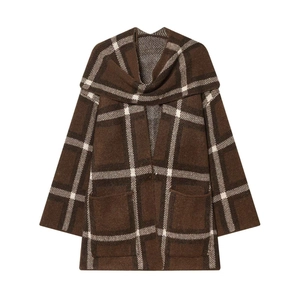 Vintage Plaid Scarf Neck Knit Cardigan Mid Length Loose Open Front Sweater Jacket With Pockets For Women Warm Winter Outerwear
