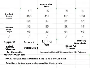 Detailed size chart for the women quilted jacket including bust, sleeve, and shoulder metrics