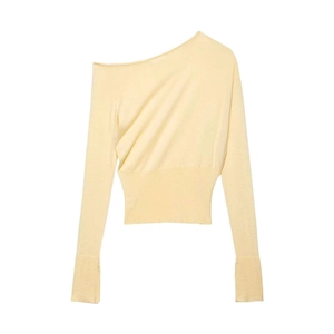 Detailed close-up of cream off-shoulder knit top with ribbed cuffs and hem texture