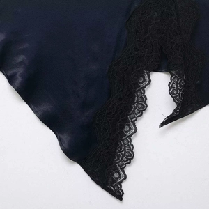 Elegant navy satin midi skirt with delicate black lace trim and side slit detail