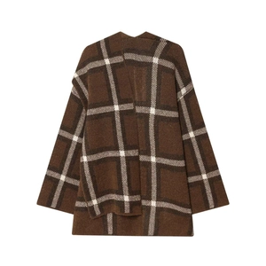 Classic brown plaid knit cardigan coat with oversized check pattern and h-line fit