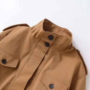 Khaki long sleeve cropped windbreaker jacket with waist cinching and epaulettes