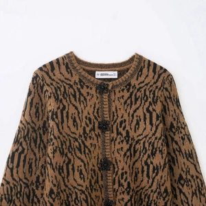 Women's leopard jacquard knit cardigan with 3D floral bead accents and round neckline
