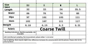 Tableau des tailles pour mini-jupe en tweed pied-de-poule avec mesures de taille en cm