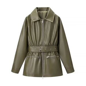 Women's Olive Green Faux Leather Jacket Belted Slim Fit Long Sleeve Lapel PU Biker Outerwear Fall Fashion Zipper Pocket Coat