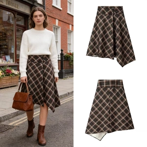 Jupe Midi à Carreaux Vintage Taille Haute pour Femmes Jupe Ligne A Plissée Asymétrique Bas Décontractés de Banlieue