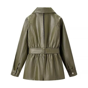 Olive green faux leather jacket for women featuring a cinched waist and back slit detail