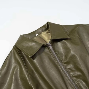 Olive green PU leather jacket featuring classic lapels and silver metal zipper detail