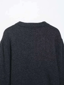 Detail of dark grey crewneck knit sweater showing thick wool blend texture and stitching