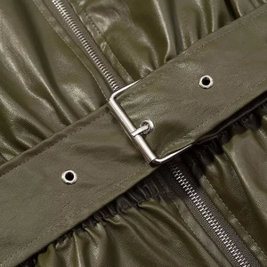 Olive green faux leather jacket with waist belt and silver metallic hardware detail