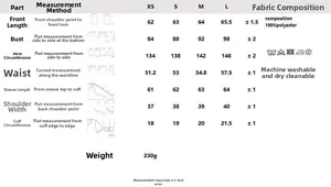 Detailed size chart for women long sleeve patchwork shirt featuring XS to L measurements