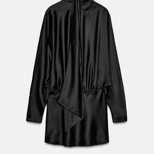Elegant black satin mini dress featuring high neck scarf tie and long sleeves for party