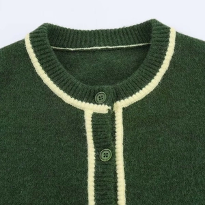 Retro dark green knit cardigan with white contrast edges and round neck detail