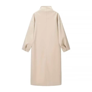 Classic beige stand collar long coat with drop shoulder design in a straight H-line cut