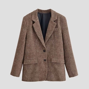 Women Vintage Brown Herringbone Tweed Blazer Notch Lapel Long Sleeve H-Line Casual Office Suit Jacket For Lady