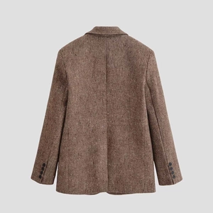 Back view of brown herringbone blazer jacket with decorative cuff buttons