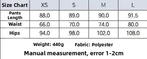 Size chart for high waist wide leg trousers including waist, hip, and length measurements