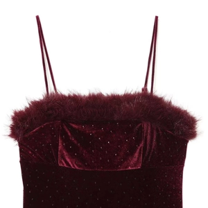 Burgundy velvet camisole dress with sparkling sequins and luxury faux fur trim detail
