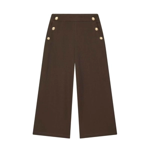 High-waist wide-leg trousers in dark brown with decorative gold buttons on pockets