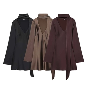 Women Elegant Satin V-Neck Scarf Tie Mini Dress Solid Color Long Sleeve Slim Fit Commuter Party Short Dress Outfits