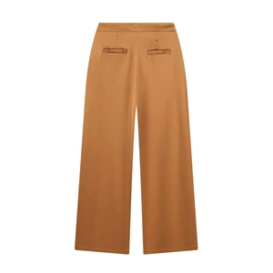 Caramel silk satin high-waisted wide-leg trousers shown from a full back view flat lay
