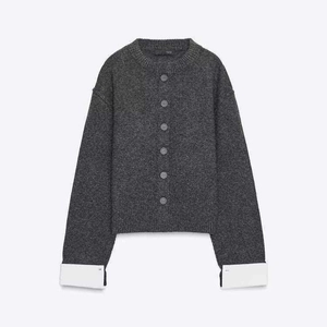 Elegant Women Round Neck Knit Cardigan With Contrast White Cuffs Long Sleeve Button Down Sweater Top Casual Knitwear