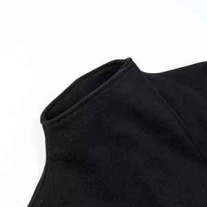 Detail of a high-neck black knitted top showing fine texture and clean stitching lines
